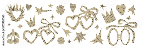 Love symbols paper cutout. Couple heart shape lockets torn papers pieces. Set with crayon texture. Hand drawn ornamented cut out sticker crown, star, bow. Vector craft tear Valentine doodle no bg.