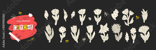 Chamomile flower, leaves paper cutouts symbols. Daisy doodle line and dots textures pattern stickers. Scrapbook summer naive torn elements for fun scrawl design. Vector scribble collage isolated.