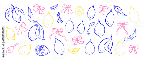 Hand-drawn outline crayon lemons and bow. Coquette whimsical brush stroke citrus fruit set. Girly ribbons and fresh fruits. Vector lemon scribble pencil isolated no bg.