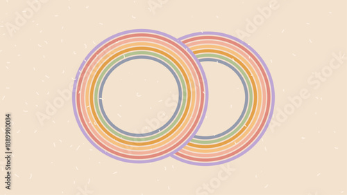 Retro groovy lines circle frame background. 70s round path border abstract pattern wallpaper. Vector horizontal wide wavy vintage stripes design. Funky trendy banner with curvy ornament backdrop.