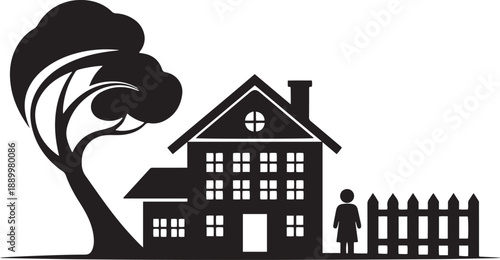 Black silhouette of a house with a tree and a person by a fence home figure