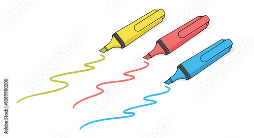 Trio of highlighter markers in yellow, pink, and blue drawing wavy ink lines on a white background for office and school stationery.