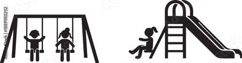 Black silhouette of children playing on a swing set and a slide playground kids