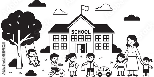 Children playing and a teacher with students outside a school building with a tree and swing