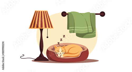 Cozy ginger tabby cat sleeping peacefully in a plush pet bed next to a floor lamp and a towel rack in a warm home room interior.