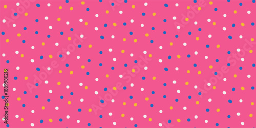 Polka dot seamless pattern. Pink background with dot confetti sprinkles. Birthday celebration backgdrop. Vector illustration childish doodles spots. Fun design for baby parties, bakery kid themes.
