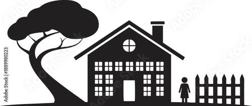 Black silhouette of a house with a tree and a girl by a picket fence home child