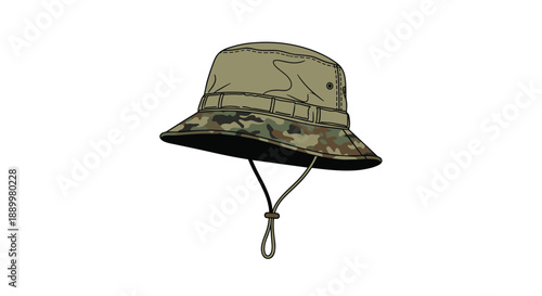 Camouflage bucket hat in olive green and army print with an adjustable chin strap isolated on a white background for outdoor activities.