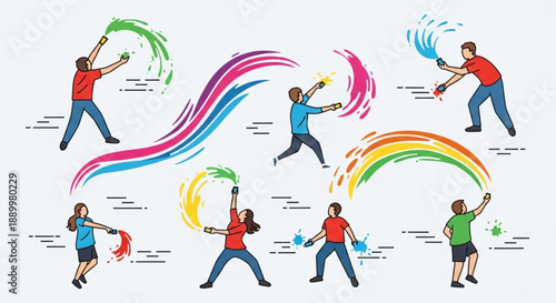People Dancing with Rainbow Ribbons in Modern Style Illustration