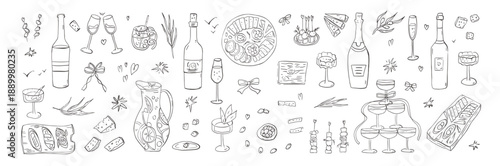 Charcuterie board illustration with champagne glasses, Italian, Spanish snacks and cocktail elements, quirky line art for restaurant menu and celebration invitation. Vector doodle sketch wine, cheese.