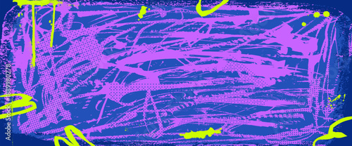 Grunge neon colors background with brush strokes, frame and halftone texture. Abstract design splatter effects and vibrant urban street for modern posters. Vector grunge bg blue purple green template.