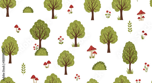 Charming forest landscape seamless pattern with green trees, bushes, red mushrooms, and small red flowers on a white background.