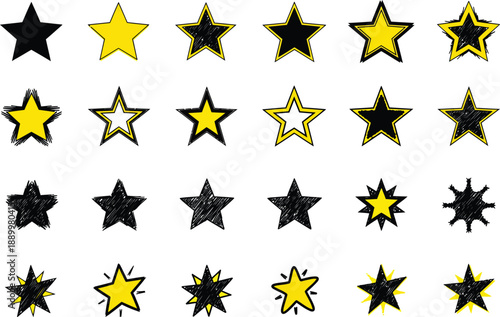 Diverse collection of star shapes, including solid black, yellow, and sketched styles, suitable for ratings, awards, and decorative elements.