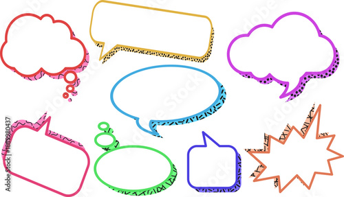 ポップで個性的なアウトライン配色が目を引くカラフルな吹き出しバリエーションセット｜会話表現やコメント強調に使いやすいデザイン素材イラスト