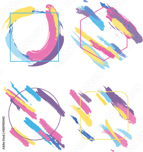 カラフルなブラシストロークで描いた抽象的なフレームと図形のデザインセット｜アート感のある見出しや背景に使えるモダンな装飾素材イラスト