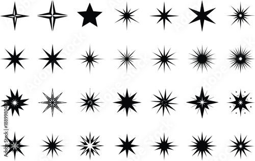 Set of sharp, radiant starburst icons and symbols in a classic black silhouette, ideal for highlighting achievements and creating festive designs.