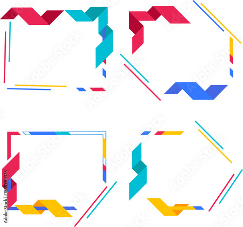 立体的なジオメトリック形状とビビッドカラーを組み合わせたフレームバリエーションセット｜見出しやテキストを引き立てるモダンなデザイン素材イラスト