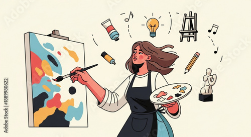 Female Artist Painting on Canvas with Paints and Brushes in Creative Studio