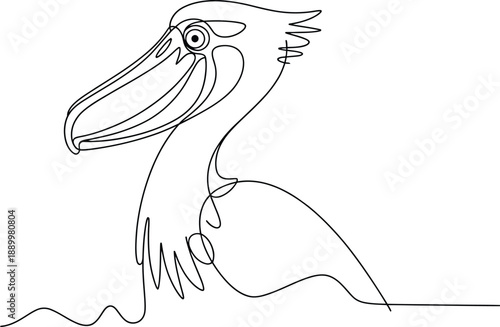Black and white line of a pelican with a large beak and webbed feet