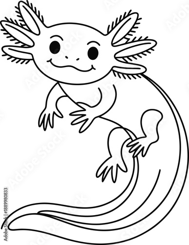 Black and white line of a smiling axolotl with external gills