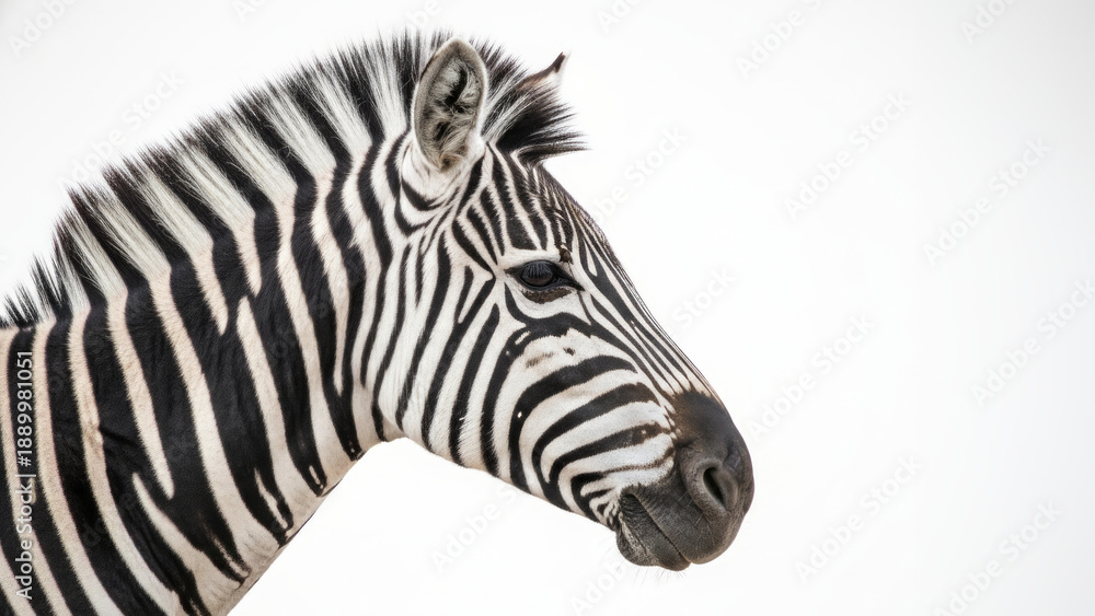 Fototapeta premium Zebra Profile Portrait With Striking Black And White Stripes Against White Background