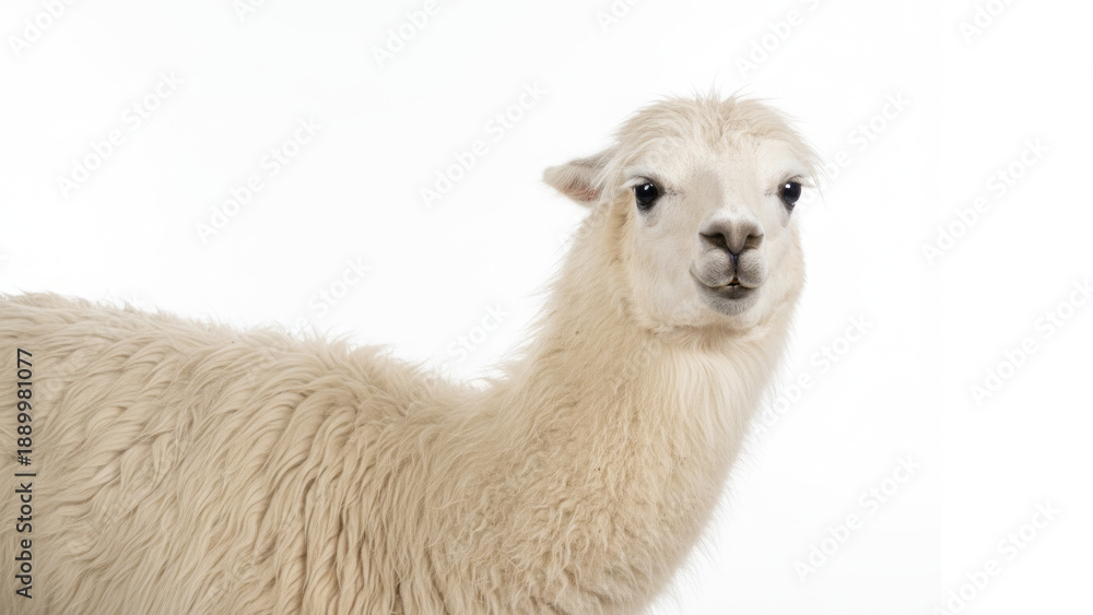 Obraz premium Adorable White Alpaca Looking Curiously At The Camera In Studio Portrait