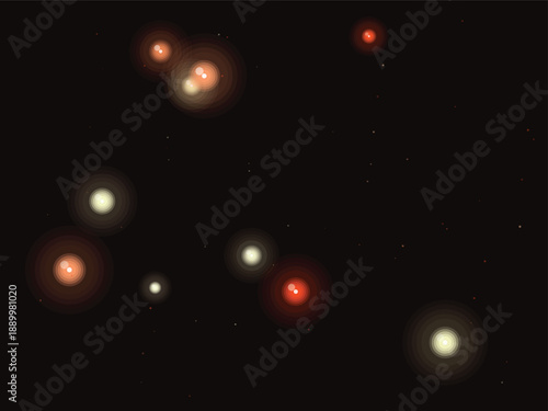 Glowing celestial bodies shining in deep space, moody and atmospheric with soft red-orange hues