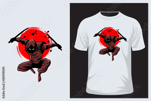 Ninja Style illustration on a white t shirt isolated on a black background t shirt mokeup