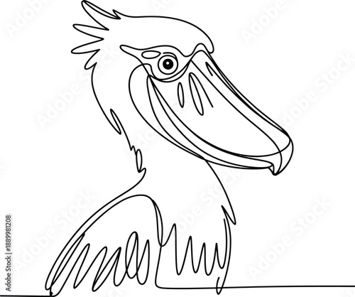 Black and white line of a stylized bird with a long beak and feathered tail