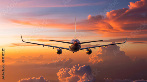 Commercial airplane flying away from the viewer above thick clouds during a dramatic orange.