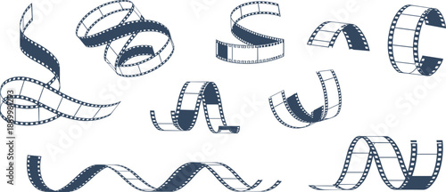 Film strip illustrations, cinematic vector design, flowing movie reels, dark blue icons, media art, photography symbol, video production graphic