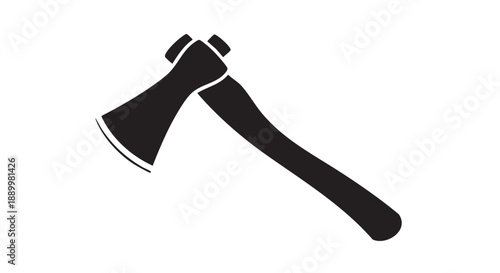 A black axe with a long handle is positioned diagonally on a plain surface viewed from a straightforward angle