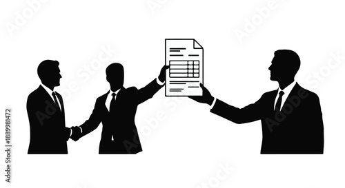 Businessmen in suits shaking hands and exchanging documents in formal office setting with contract agreement
