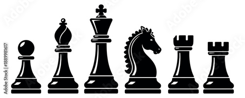 Vector icon chess pieces set featuring a pawn, bishop, king, knight, and rook for strategy games