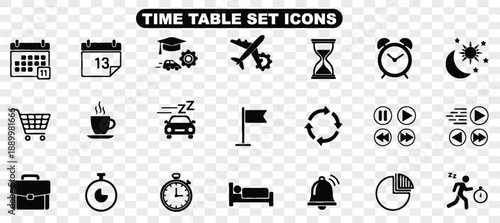 Diverse Collection of Time Table Set Icons Representing Various Activities and Concepts for Scheduling and Planning