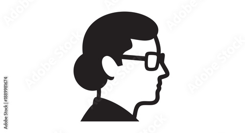 Simple black and white illustration of a woman's profile view wearing glasses and having her hair in a bun