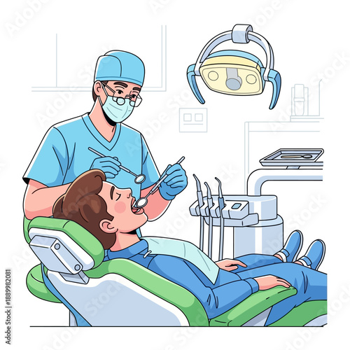 Dentist examining a patient lying on a dental chair in a clinic