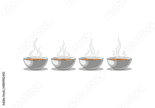 Four bowls of steaming soup Vector