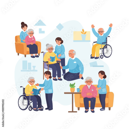 Elderly people interacting and supporting each other in various living room settings from an overhead viewpoint