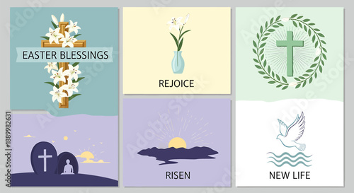 Easter themed vector graphics with blessings rejoice risen new life and cross symbols in pastel colors