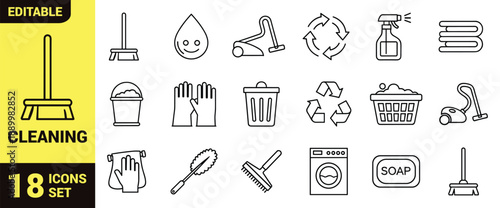 Cleaning and laundry icon set with broom, vacuum, washing machine, soap, gloves, recycling, sponge, bucket, towel, and hygiene tools