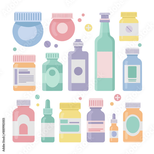 Assorted pharmaceutical bottles and jars arranged neatly on a flat surface, showcasing various medication types from a top-down viewpoint