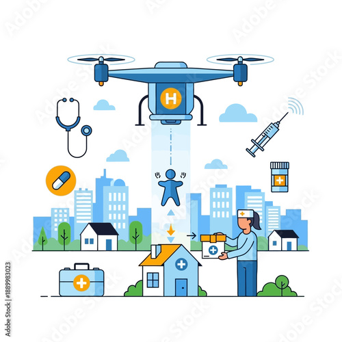 Drone delivering medical supplies to a healthcare worker in a cityscape with houses and buildings