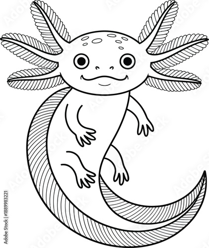 Cute Axolotl with Leaf-like Appendages in Black and White