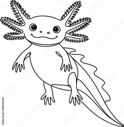 Cute Black and White Axolotl with Smiling Face and External Gills