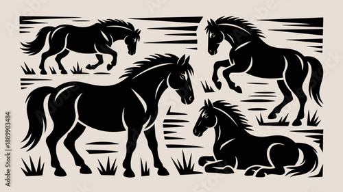 Stylized woodcut illustration of horses running and resting in nature with rough texture style