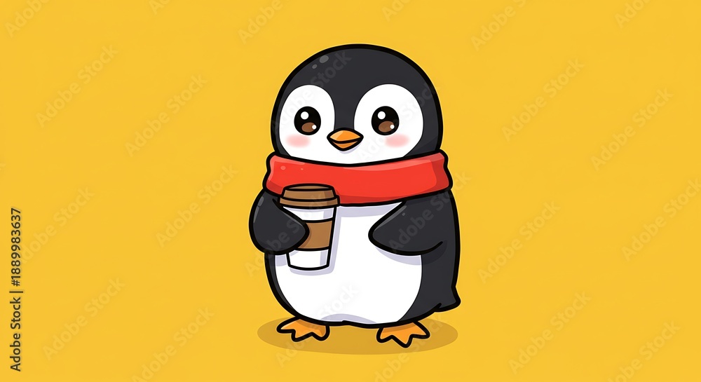 Fototapeta premium Cute Penguin with Coffee, Cozy Winter Scene.