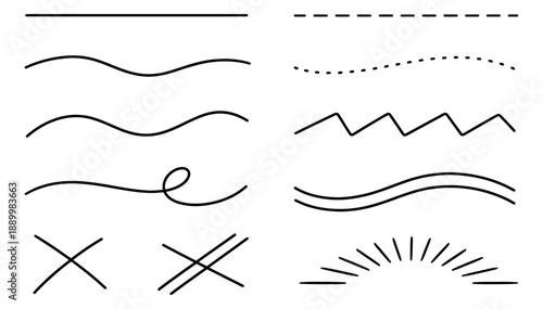 Hand drawn line art design elements set featuring various strokes, dividers, and underlines for graphic projects