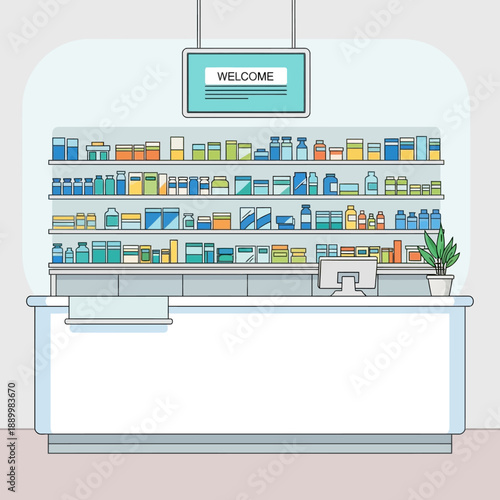 A welcoming pharmacy storefront with a neatly arranged counter and shelves stocked with various products.