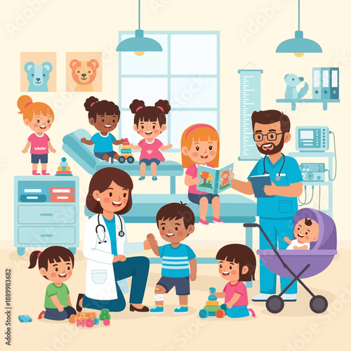 Children playing with toys in a pediatrician's office with doctors and a baby in a stroller